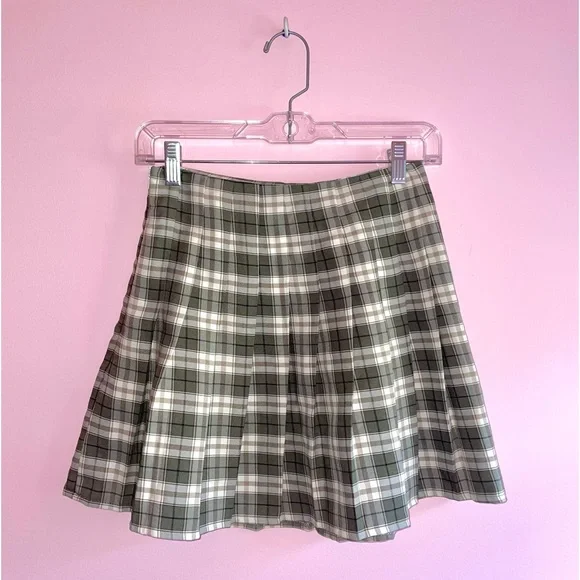SHEIN Skirts Shein Green And Grey Plaid Skater Skirt Poshmark